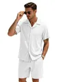 Men's summer casual white ribbed short sleeve shirt and shorts set for vacation - White + White