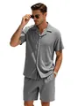 Men's casual grey ribbed short sleeve shirt and matching shorts set for summer vacation - Marl Grey