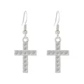 Elegant silver-toned cross drop earrings pavé-set with clear cubic zirconia stones. - Bright Silver Pavé Zirconia Fish Hook Cross