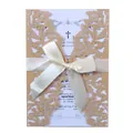 Invito a nozze farfalla tagliato al laser con elegante fiocco in nastro crema - Beige Oro