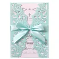 Elegante invito di nozze a farfalla tagliato al laser blu tiffany con nastro satin - Blu Ottanio