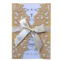Elegant laser-cut butterfly wedding invitation card with a cream satin ribbon bow - Gold