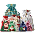 Set of festive Christmas drawstring gift bags featuring Santa and snowman patterns - Christmas Theme Drawstring Bag Set
