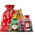 Assorted Christmas drawstring gift bags in red, green, gold, and purple colors - Full Color Christmas Drawstring Bag Set