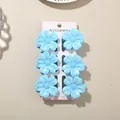 Set of six light blue frangipani flower claw clips for women displayed on a white card - Pearly 5-Petal Flower Style (#2) / 6-Piece Set (4cm) / Light Blue / Bulk Packaging