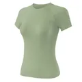 Close-up detail of women's slim-fit breathable yoga T-shirt in light sage green - Mint Green