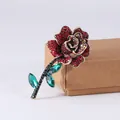 Elegant vintage red rose flower brooch with sparkling rhinestones and green crystal leaves - Red