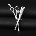 Elegant silver scissors and comb shaped brooch with a sparkling white rhinestone - Scissors and Comb (XH-1368)