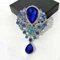 Elegant silver-toned brooch with vibrant blue teardrop crystals and colorful rhinestones - Dark Blue Water Drop Pendant (XH-1399)