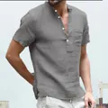 Camisa casual de lino gris para hombre con cuello mandarín y bolsillo en el pecho - S / gris oscuro