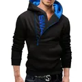 Stylish men's black fleece hoodie featuring a vibrant blue contrast hood and side zipper - M / Black Blue