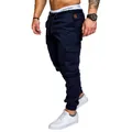 Men's navy blue casual drawstring cargo joggers with elastic waist and side pockets - Navy Blue