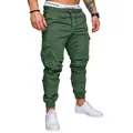 Men's olive green drawstring cargo joggers with elastic waist and side pockets - M / Bottoms / Green