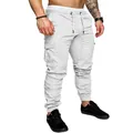 Men's stylish white casual cargo joggers with drawstring elastic waist and pockets - S / White