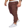 Men's brown casual cargo joggers with drawstring elastic waist and side pockets - S / Brown