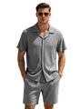 Men's grey ribbed short sleeve button-down shirt and shorts two-piece set - S / Marl Grey