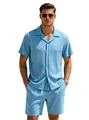 Men's light blue casual ribbed knit short sleeve shirt and shorts set for summer vacation - S / Light Blue