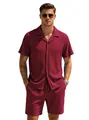 Men's burgundy casual ribbed two-piece set with short sleeve button shirt and shorts - S / Burgundy