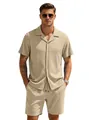 Men's summer 2-piece set with short sleeve button shirt and ribbed shorts in khaki - S / Khaki
