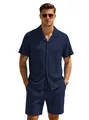 Men's navy blue casual short sleeve button down shirt and shorts two-piece beach set - S / Navy Blue