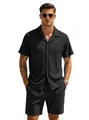 Men's black ribbed short sleeve button shirt and drawstring shorts two-piece set - S / Black