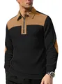Casual men's black and brown color-blocked ribbed knit polo sweatshirt with zipper - S / Black