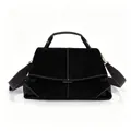 Black matte leather women's handbag with white stitching and wide shoulder strap - Matte Black