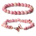 Elegant natural pink crystal beaded bracelet set featuring 8mm round beads and a butterfly charm - Natural Red Wood Grain Stone