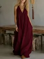 Detail view of the deep burgundy sleeveless cotton linen maxi dress with pockets - Burgundy