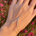 Elegant silver V-shaped rhinestone hand chain with integrated finger ring for women - V-Shaped Style (Bracelet #516) / Silver