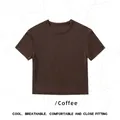 Slim fit koffiebruin geribbeld cropped T-shirt met korte mouwen en een ronde hals - S / koffiekleur