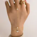 Elegant vintage gold plated chain finger bracelet with rhinestone flower and heart accents - Floral Heart Style (Bracelet #504) / Gold