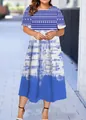 Detailed close-up view of a stylish blue and white abstract print summer short sleeve midi dress - XS / Blue and White Abstract Brush Style (40款式-A480)