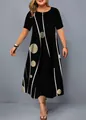 Detail of a black summer midi dress featuring beige polka dots and white line print - XS / Black Base Polka Dot and Line Style (37款式-A480)