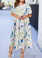 Summer midi dress featuring vibrant blue and yellow floral patterns on white fabric - XS / White Base Multicolor Floral Style (36款式-A480)