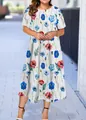Detailed view of women plus size summer midi dress with blue and red floral patterns - XS / White Base Watercolor Floral Style (38款式-A480)