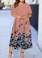 Elegante vestido midi rosa malva de manga corta con estampado floral azul marino - XS / Estilo Floral Rosa Púrpura (2款式-A480)