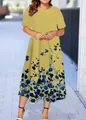 Vestido midi de verano para mujer con manga corta y elegante estampado floral azul en amarillo - XS / Estilo Floral Amarillo Jengibre (3款式-A480)