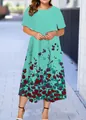 Vestido midi de verano turquesa de manga corta con elegante estampado floral rojo - XS / Estilo Floral Verde Menta (4款式-A480)