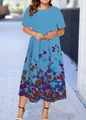 Light blue short-sleeved plus size midi dress for summer with elegant floral leaf pattern - XS / Light Blue Floral Style (5款式-A480)