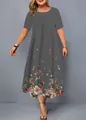 Casual grey summer short sleeve midi dress for women with colorful floral print hem - XS / Dark Grey Floral Style (6款式-A480)