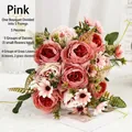 Artificial pink peony bouquet for home decor with realistic petals and foliage - Pink