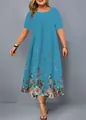 Elegant blue short-sleeved plus size dress featuring a vibrant floral hem design - XS / Sky Blue Floral Style (8款式-A480)