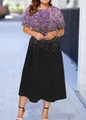 Elegant plus size summer short sleeve midi dress featuring purple glitter print - XS / Purple Print Splicing Style (9款式-A480)