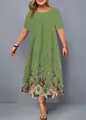 Elegant summer short sleeve midi dress with floral hem in olive green color variant - XS / Olive Green Floral Style (10款式-A480)
