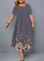 Elegant plus size short sleeve grey midi dress with floral print at hem for summer. - XS / Grey Base Realistic Floral Style (11款式-A480)