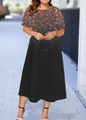 Elegant summer short sleeve mid-length dress featuring a glitter gradient top and black skirt - XS / Black and Brown Gradient Floral Style (12款式-A480)