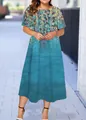 Plus size summer short sleeve midi dress with abstract floral and blue water print texture - XS / Gradient Floral Lake Blue Style (16款式-A480)