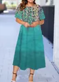 Summer short-sleeved midi dress featuring a vibrant teal floral gradient pattern - XS / Multicolor Floral Gradient Cyan Style (19款式-A480)