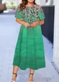 Elegant women's summer short-sleeved mid-long dress with a vibrant green floral pattern - XS / Emerald Green Texture Floral Style (20款式-A480)
